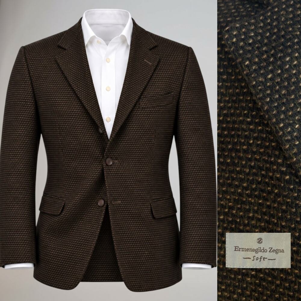 Zegna Soft 100% Cashmere Sport Coat 44R Espresso Brown Birdseye 3/2 Roll